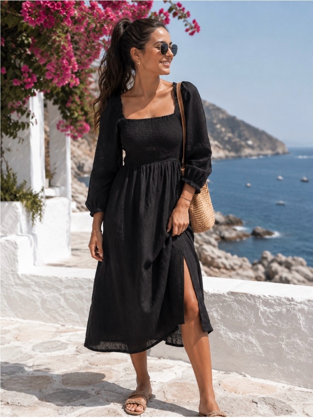 J. Crew Black Smocked Square-Neck Midi Dress with Side Slit